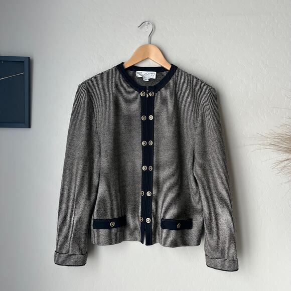 St. John Black Cream Striped Knit Wool Button Zip Up Cardigan‎ Jacket Size 12 - Picture 1 of 9